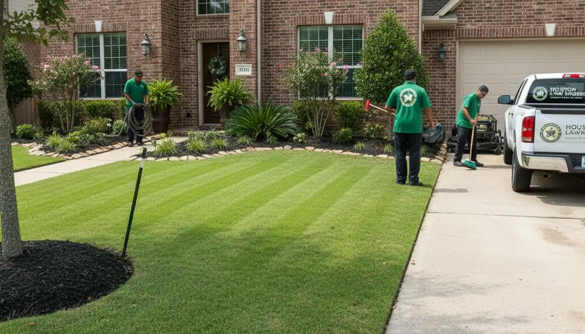 Professionally maintained residential lawn with trimmed grass and gardens in Houston, TX