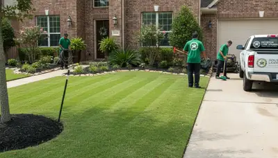 Professionally maintained residential lawn with trimmed grass and gardens in Houston, TX