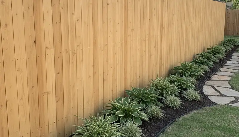 White wooden privacy fence installation along residential yard by Chop Chop Landscaping in Houston TX